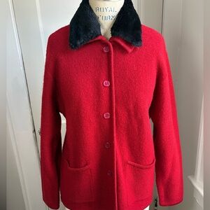 Vintage Red Wool Cardigan Jacket With Faux Fur Collar